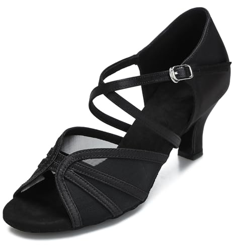 CLEECLI Women's Ballroom Dance Shoes Latin Salsa Dancing Shoes Cross Strap 2.5inch 3inch Heel ZB04(8.5,Black-2.5 Inch Heel)