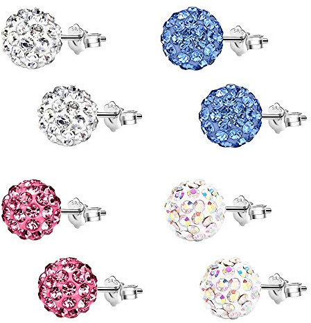 Damen-Ohrringe aus Sterling-Silber 925, 4 Paar Ohrstecker in Form einer Discokugel, rund, mit Kristallen 8 mm, Ohrringe für Damen und Mädchen