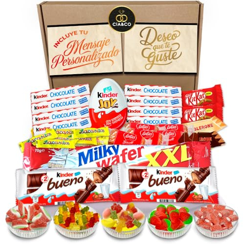 Lote envuelto para Regalo con Kinder Joy +25 Chocolates Kinder y 450 grs de Chuches sin Gluten. Con Tarjeta Dedicada Personalizada, Kinder Bueno, Toblerone, Kit Kat (TOP KINDER)