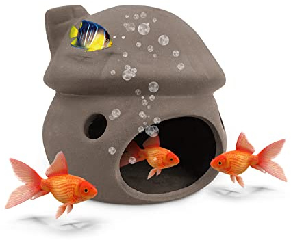 WishLotus Aquarium Cave Decoration, Durable Aquarium Fish Hideout Ceramic Fish Tank Ornament Mushroom House Fish Tank Betta Hidden Tunnel for Fish and Shrimp Rest Play and Natural Breeding (Brown)