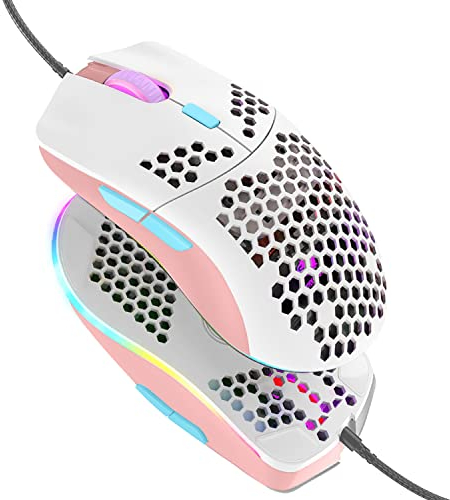 Hoopond Kabelgebundene Gaming-Maus, leichte 69-G-Maus mit Wabenschale und 6400 DPI, programmierbare USB-Gaming-Mäuse mit 6 Tasten, für PC-Gamer und Xbox- und PS4-Benutzer - Pink White Mixed
