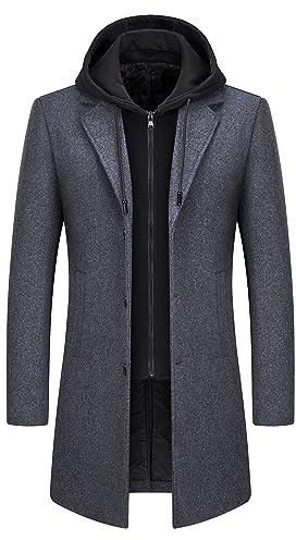 KUDMOL Mens Wool Trench Coat Solid Casual Padded Outdoor Overcoat Long hooded Warm Coat Jacket(Grey,2XL)