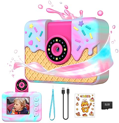 Ushining Appareil Photo Enfants, 1080P Selfie Caméra Vidéo Enfant 10X Zoom Appareil Photo Numérique Enfant avec Écran 2,0 Pouces Carte TF 32 Go, Cadeau pour Garçons et Filles 3-12 Ans, Crème Glacée