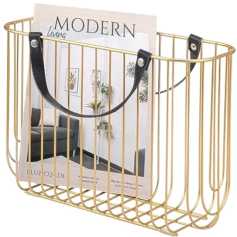 eluno Newspaper Rack Metal with Leather Handles, Approx. 36 x 26.5 x 15.5 (W x H x D) (gold)