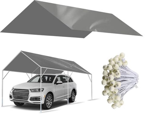 25 cm x 50 cm (20 tum) ersättningsöverdrag för Carport, 220 g slitstarkt ersättningstoppskydd för bilgarage, vattentät och UV-skyddad presenning med 48 bollbungees (endast skydd, ram ingår ej), grå