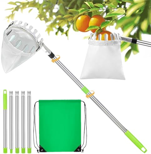 JWDMHSJ Cueille Fruit telescopique, 2 m cueilleur de Fruits Amovible cueille Fruit Cueille Cerise avec Poteau Réglable Léger et Sac de Rangement, Outil Cueillette Jardin Arbre Poires Pêches