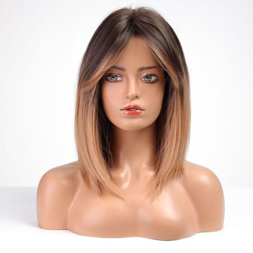 HAIRCUBE Peluca de mujer de 40,6 cm, color marrón y rubio cobre, peluca sintética con flequillo y ondas para uso diario y cosplay