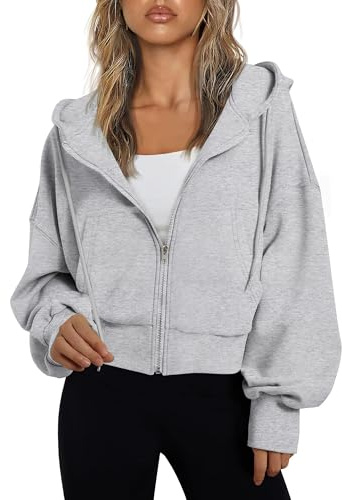 Jhsnjnr Womens Zip Up Hoodie Solid Color Drawstring Long Sleeve Sweatshirt with Pockets Casual Cropped Jacket Grey