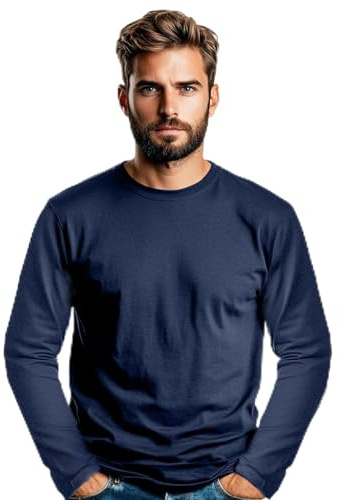 Men’s 100% Soft Organic Cotton Navy Blue Long Sleeve T-Shirt Crew Neck Casual Training Hiking Workout Athletic Tee (Navy, L)