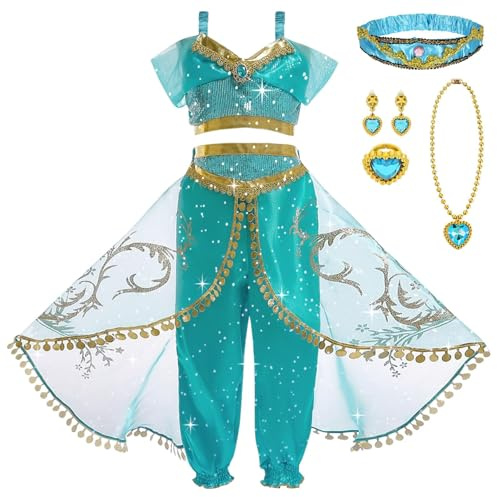 DiULi Kostym för flickor med arabisk prinsessa, smaragdgrön klänning, prinsessbyxor med hårtillbehör, halsband, ring och örhängen, cosplay, magdans kostymer