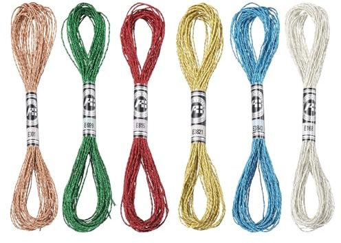 PATIKIL 6 Madejas De Hilo De Bordar, Hilo De Bordar Metálico Hilo De Nylon Cuerda Para Pulseras Para Bordado A Mano Y Punto De Cruz, Azul/Verde Oscuro/Rojo/Oro Claro/Bronce/Plateado