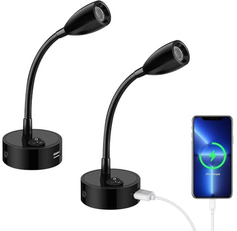ERWEY 2er LED lampe de lecture 12V camping - car, 3W 3000k applique lampe de lit avec col de cygne flexible et port de charge USB pour bateau, yacht, voiture, éclairage intérieur de caravane, noir