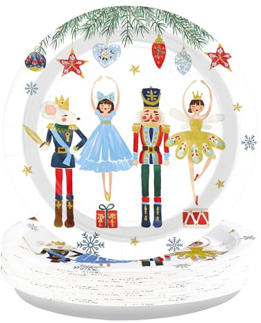 50Pcs Christmas Nutcracker Paper Plates 9 Inch Disposable Christmas Nutcracker Party Decorations White Xmas Soldier Dessert Plates for Winter Xmas Tree Baby Shower Holiday Birthday Party Supplies