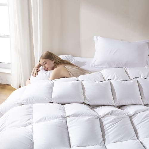 DOWNCOOL Feather Down Fiber Comforter Queen Size, 100% Cotton Ultra Soft Fluffy Duvet Insert Queen, All Season Luxurious Hotel Bedding Comforters with Corner Tabs, White 90x90