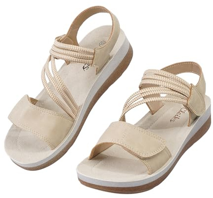 CLEIKS Donna Sandali Roman Tacco a Nastro Sandali Eleganti Belli Ortopedici con Fascia Elasticizzata per Donne Anziane Sandalo con Chiusura a Strappo (Beige, 39 EU, WCL260433-7)