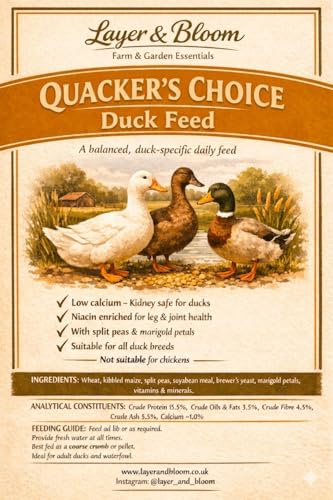 10kg Quacker's Choice Duck Feed, Balanced Daily Feed, Low Calcium, Niacin Enriched, Split Peas & Marigold Petals, All Duck Breeds