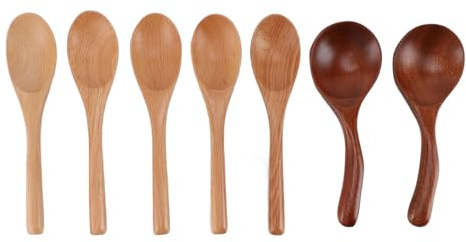 Set di 7 cucchiai in legno, cucchiaio da in legno massiccio, cucchiai da in legno naturale per mescolare, rimestare e prelevare; utensili facili da pulire per uso