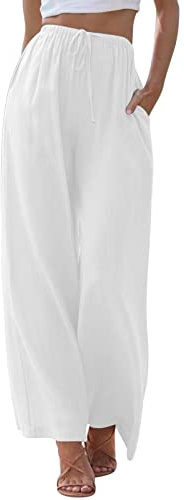 Generisch Pantalones de lino para mujer, pantalones de verano, pantalones de tela de algodón, pantalones de palazzo, cintura alta, cintura elástica, elegantes, A46, Blanco, XL