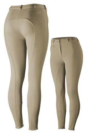 HORZE Active Women's Horse Riding Silicone Grip Full Seat Breeches | Midrise Waist with Front Pocket - Tan - 28