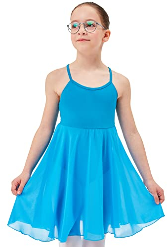 tanzmuster ® Ballettkleid Mädchen Träger - Alma - aus weicher Baumwolle mit langem Chiffon Röckchen Trikot Ballettanzug Ballettbody fürs Kinder Ballett in Petrol, Größe:116/122