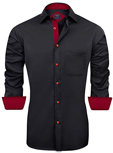 J.VER Men's Casual Long Sleeve Stretch Dress Shirt Wrinkle-Free Regular Fit Button Down Shirts Black Red Large Tall