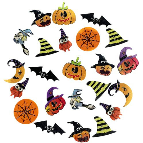 Norinoya 50PCS Wood Buttons Halloween Collection Novelty Buttons for Knitting Crafting,Handmade Project Children's Manual Button Painting,Arts Crafts Sewing Haberdashery Buttons (23-42mm)