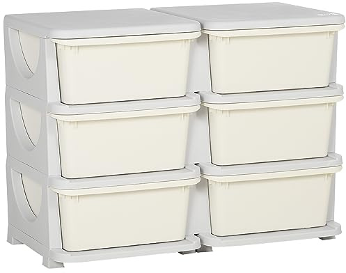 HOMCOM 6 Drawers Plastic Storage Units, 3 Tier Kids Storage Units, Children Toy Chest for Nursery, Playroom, Bedroom, Cream