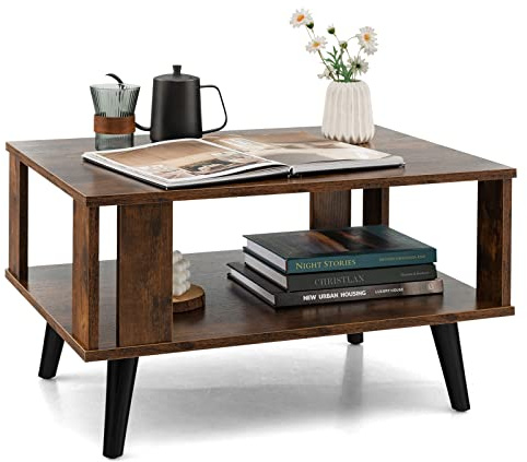 CASART Industrial Coffee Table, 2-Tier Wooden Center Tables with Storage Shelf & Side Protective Baffles, Mid-Century Cocktail Tables Retro Snack Tea Table for Living Room Bedroom Office