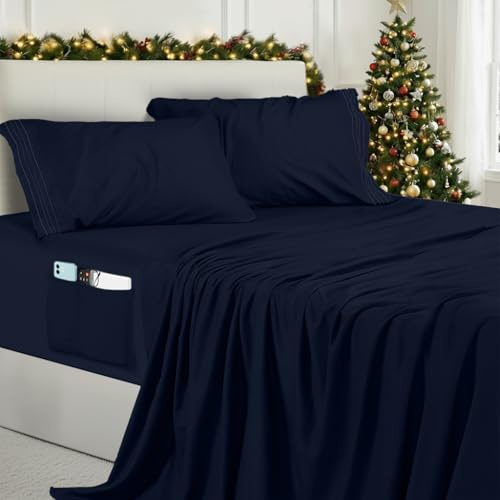 Utopia Bedding Juego de Sabanas 4 Piezas 135x190 - Microfibra De Poliéster, Sábana Bajera con Bolsillos de Almacenamiento, Sábana Plana Y 2 Fundas De Almohada Bordadas (Cama 135, Azul Marino)