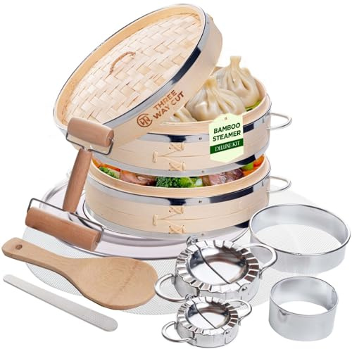 Bamboo Steamer Basket 10 Inch - Dumpling Steamer Basket 2 Tier with Steel Rims, Handles, Lid & Accessories, Bamboo Steamers For Cooking Steam Bao Bun Dim Sum Potsticker Veg, 10 Food Steaming Baskets