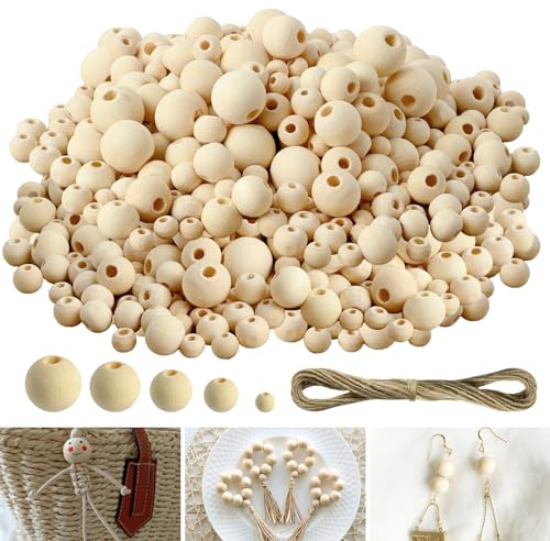 Aohcae 300 perlas de madera natural, juego de cuentas de madera + 10 metros de cuerda, bolas de madera con agujero, cuentas de madera de macramé, para enhebrar guirnaldas de agricultores, enanos,