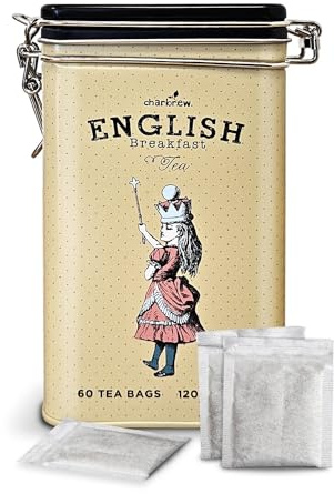 Charbrew Alice In Wonderland Crown English Breakfast Metal Tea Tin Caddy Gift – 60 Teabags Black Tea