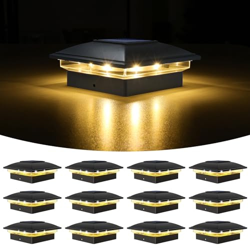 VOLISUN Solar Post Cap Light Outdoor Waterproof 12pack,Solar Fence - Post Lights for 4x4 5x5 6x6 Wooden/Vinyl Post,Black Deck Post Cap Light Solar Powered with Warm White for Garden/Patio/Porch