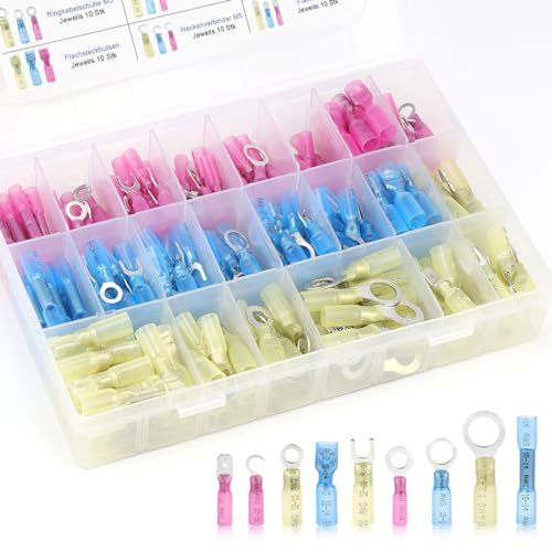 Kabelschuhe Set 270tlg Kabelverbinder Schrumpfverbinder Wasserdicht Quetschverbinder Sortiment Enthält Ringkabelschuhe Stoßverbinder Gabelkabelschuhe und Flachstecker 0,5-6 mm²