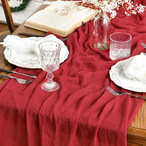 Artoid Mode Chemins de Table Gaze Mousseline Bohême Rouge 300 cm, Décoration de Table de Cuisine Vacances Mariage Fête d'anniversaire