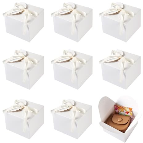 Cheriswelry 10 st fyrkantiga presentlådor i papper med band, små presentförpackningslådor för födelsedag, bröllop, fest, choklad, godis, vit, 12 x 12 x 9 cm