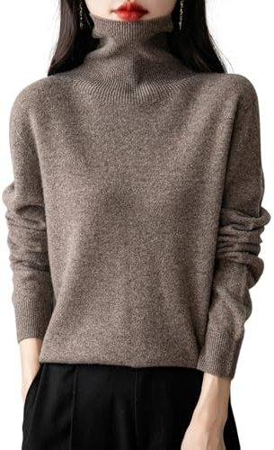 Chanyarn Women's 100% Merino Wool Pullover Sweater 2025 Fall Winter Warm Soft Long Sleeve Seamless Knit Cashmere Style Turtleneck Sweater (Brown,S)