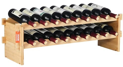 VEVOR Portabottiglie impilabile per 18 bottiglie, Scaffale portabottiglie in bambù massiccio da 2 ripiani, Portabottiglie autoportante, Ripiani anti-scuotimento da cantina, bar, osteria