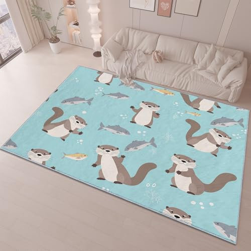 Teppich Wohnzimmer SchlafzimmerNiedlicher Cartoon-Otter Hellblau Outdoor Kurzflor Teppiche Waschbar Weich Flauschiger rutschfest Blau-60x90 cm