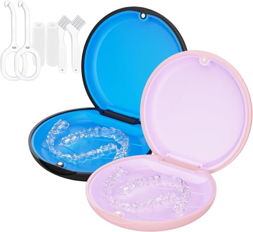2 behållarfodral, smala justeringsfodral för invisalign, munskyddsfodral med borttagningsverktyg och justerare, tuggbitar och borste, avtagbar inre bricka silikon för enkel rengöring (svart och rosa)