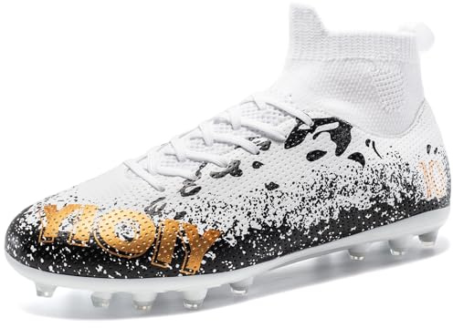 TUGONVAC Soccer Cleats Mens Womens High-top Football Cleats Lightweight Youth Training Soccer Shoes Tacos de Futbol para Hombre, White, 8 Men