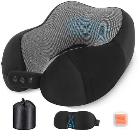 Nexellent Nackenkissen Flugzeug, Reisekissen, Hochwertiges Memory Foam Nackenkissen für Flugzeug und Auto – Vollständiges Set mit Schlafmaske, Ohrstöpseln und Tragetasche. (Schwarz)
