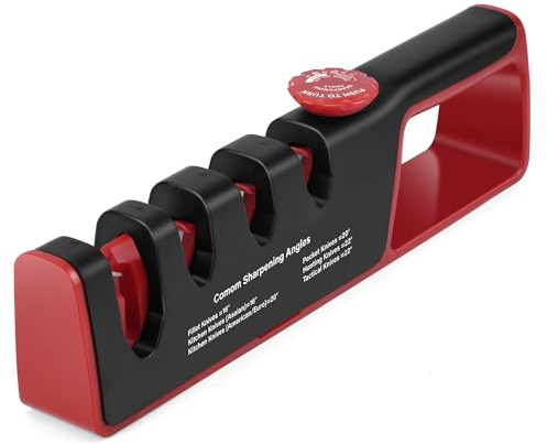 Affilacoltelli manuale 4 in 1 Pratico affilacoltelli con angolo regolabile da 14° a 24° Affilacoltelli professionale con 4 livelli di affilatura per coltelli e forbici Nero Rosso