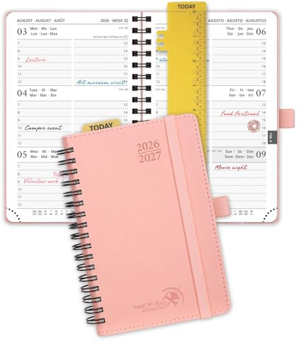 POPRUN Agenda Pocket 2026 2027 Veckoagenda 16 x 10,5 cm från Aug'26 - Dec'27, A6 Liten 17 Månader Skolplanerare, Mjuk Spiralbindning, Papper 80 gsm,Rosa | A6 Liten skolplanerare 17 månader, mjukt spiralskydd, bokmärkeslinjal, papper 80 g/m², rosa
