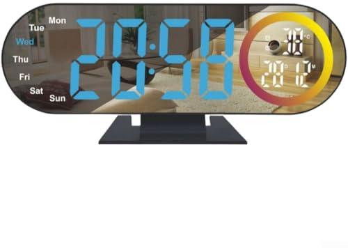 LED-projektion väckarklocka med temperaturvisning, flerfärgad nattlampa, digital spegel elektronisk klocka med snooze, ljusjustering för sovrum vardagsrum (utlopp blått ljus)