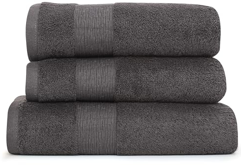 Heim24h - Handtuch-Set 3-teilig, 1 Badetücher, 70 x 140 cm, 2 Handtücher, 50 x 100 cm, Anthrazit, weich, saugfähig und schnell trocknend, 100% Baumwolle, 550 g/m², Oeko-TEX® Zertifiziert