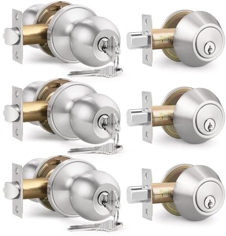 Brotima 3 Pack Keyed Entry Door Knob and Single Cylinder Deadbolt Combination Set in Satin Nickel, Exterior Door Knob with Deadbolt, Keyed Alike Door Lock Sets Deadbolt Combo