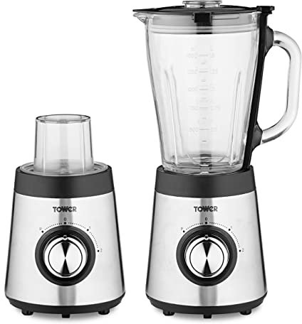 Tower T12073 DuraGlass Jug Blender with Grinder Attachment, 500W, Stainless Steel