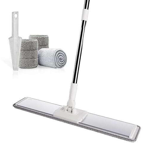 CQT Commercial Flat Microfiber Floor Mop Cleaning System 20 Inch Wet Dry and Dust Hardwood with 4 Washable Pads Cleaner for Laminate Tile Stainless Steel Handle and Extension (White)