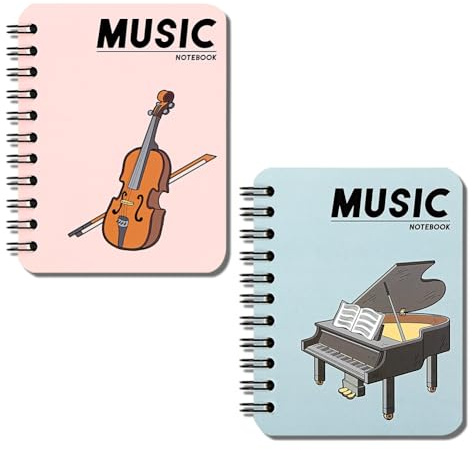 Boerni 2 Pack A7 Music Theme Spiral Notebook,Portable Piano Violin Cello Small Wirebound Pocket Journal Hardcover Note Books Notepad Diary for Kid Student School Office Stationery Supplies